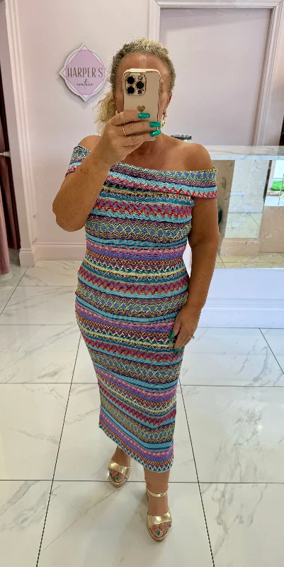 Selina Blue Aztec Bardot Midi Dress Comfortable Knitwear Midi Dress