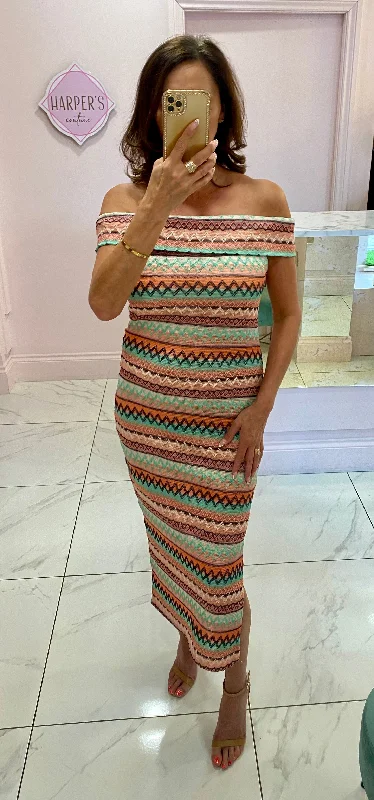Selina Coral Aztec Bardot Midi Dress Fashionable Off-Shoulder Dress Midi