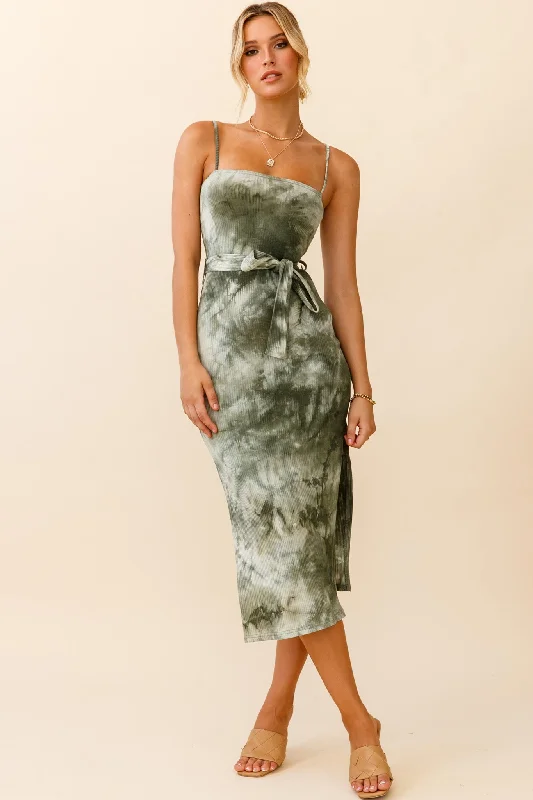 Serenade Me Square Neckline Side Split Midi Dress Tie Dye Olive Fashionable High-Neck Midi Dress