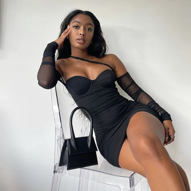 Sexy Black Mesh Long Sleeve Mini Dresses Classic Shift Mini Dress