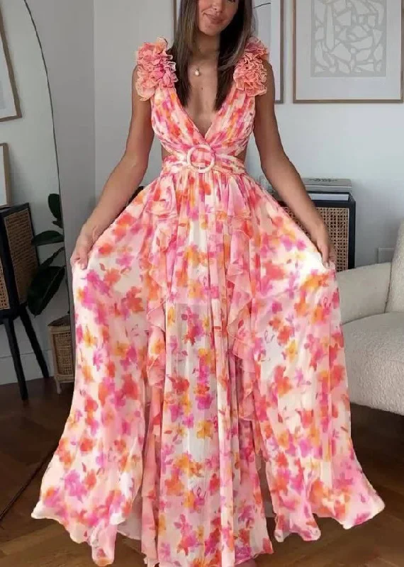 Sexy Pink Ruffled Print Lace Up Cotton Maxi Dress Sleeveless BB060 Comfortable Fit-and-Flare Maxi Dress