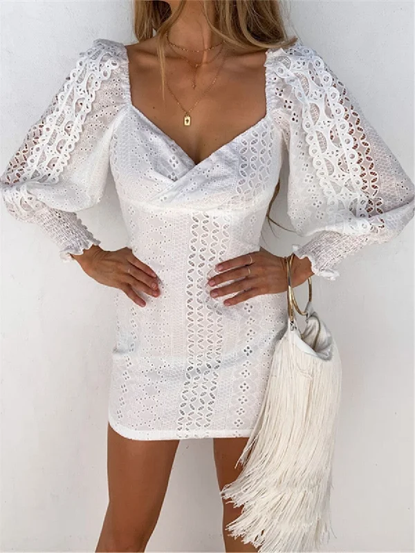 Sexy Lace Cutout Puff Sleeve Mini Dresses Fashionable Pleated Mini Dress