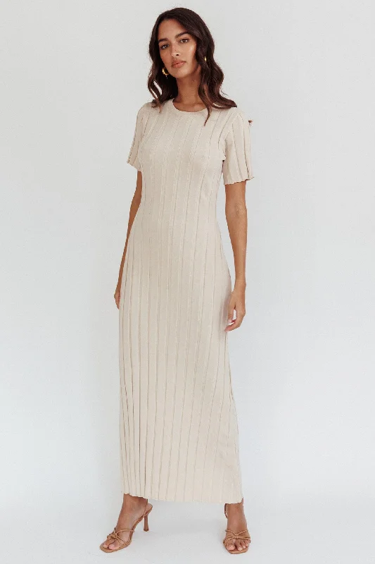 Shaylee Short Sleeve Knit Maxi Dress Sand Trendy Button Front Maxi Dress