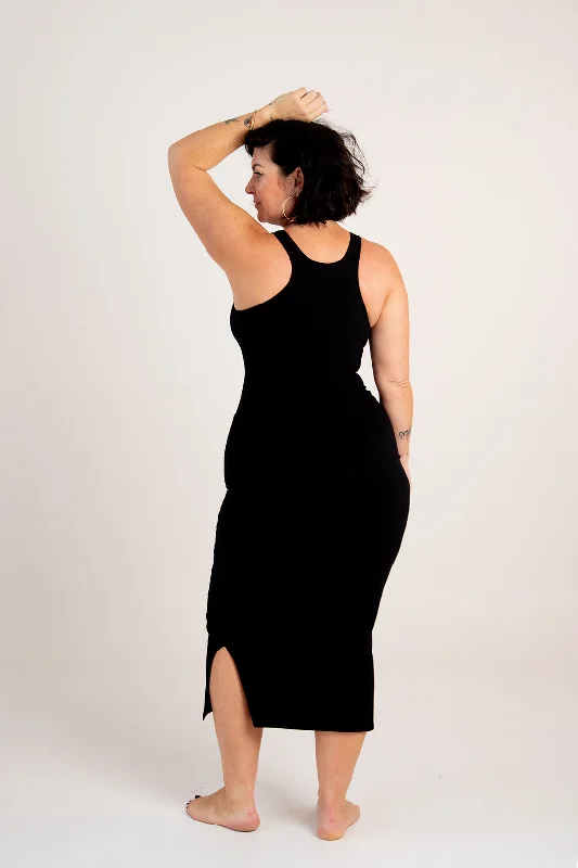 Shinni Neck Midi Dress In Black Trendy Smocked Detail Midi Dress
