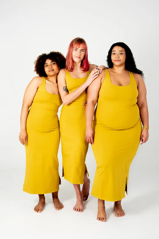 Shinni Neck Midi Dress In Mustard Seed Elegant V-Neck Midi Dress
