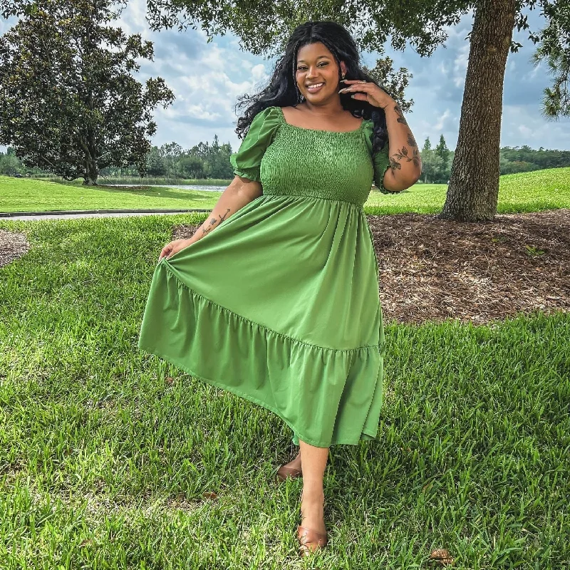 Shirred Midi Dress - Meadow Chic Floral Print Midi Dress