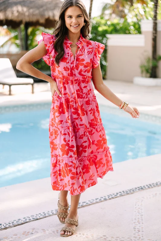 Show You Off Rose Pink Floral Midi Dress Elegant Pleated Detail Midi Dress