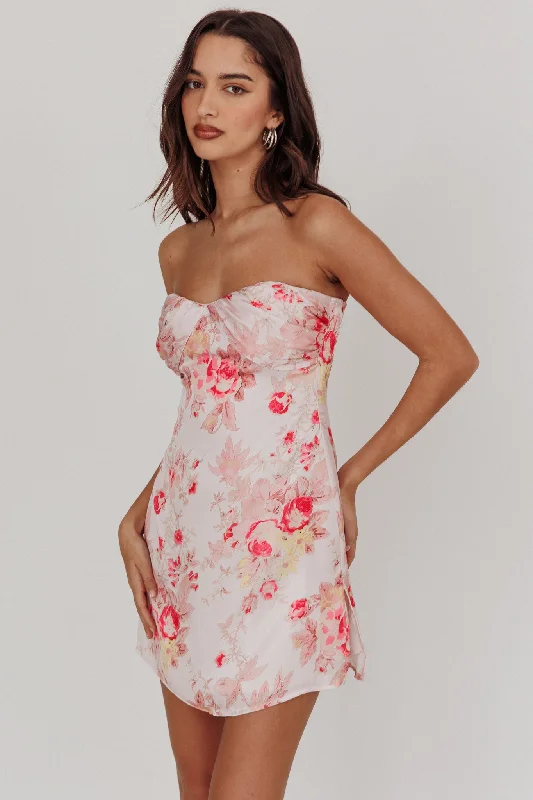 Sian Strapless Sweetheart Mini Dress Floral Pink Casual V-Neck Mini Dress