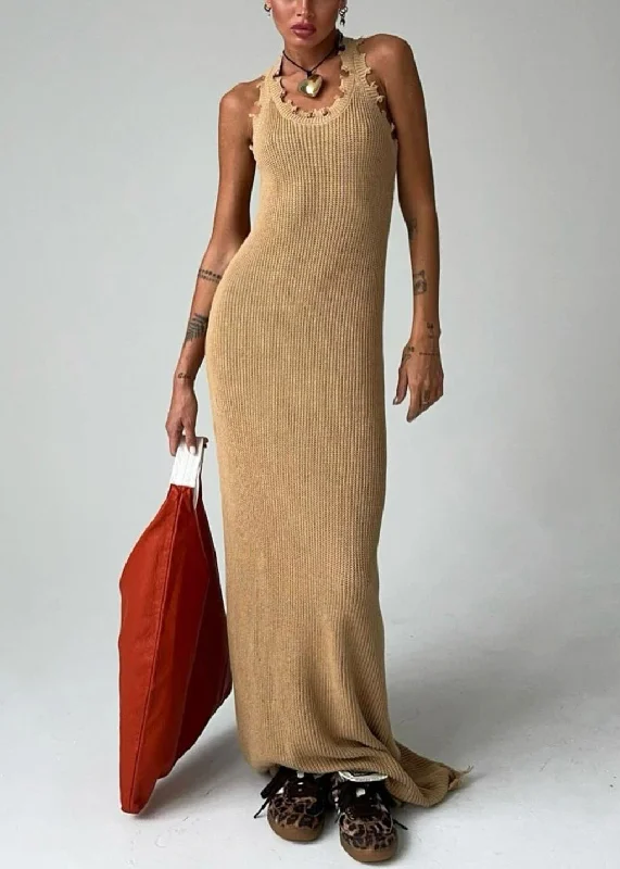 Slim Fit Khaki O Neck Solid Knit Maxi Dresses Sleeveless BB058 Trendy Ruffled Maxi Dress