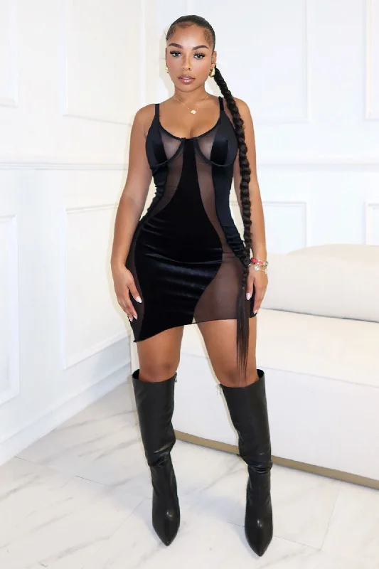 Sneaking Velvet Mesh Mini Dress Trendy Off-Shoulder Dress Mini