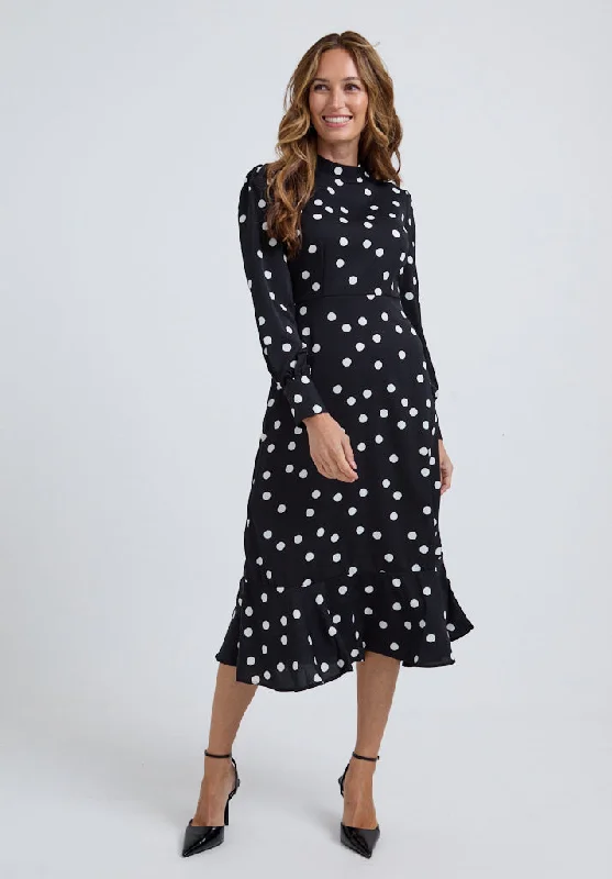 Sophie Tiered Hem Polka Dot Print Midi Dress In Black Fashionable Casual Midi Dress