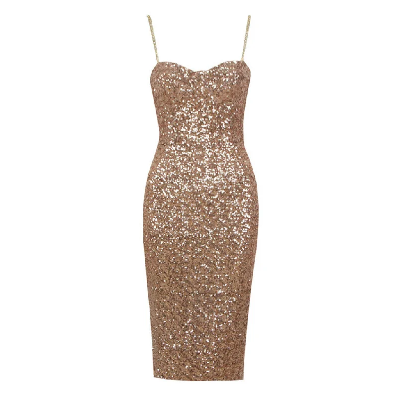 Sparkly Metallic Chain Strap Sweetheart Bustier Bodycon Sequin Midi Dress Comfortable Stretch Midi Dress