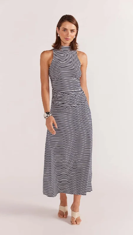 Staple the Label Elle Midi Dress - Navy/White Fashionable High-Neck Midi Dress