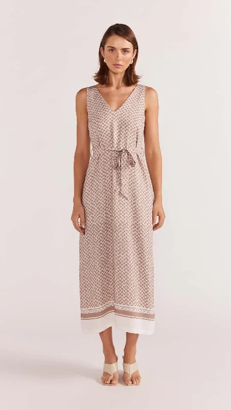 Staple the Label Soleil Midi Dress - Beige Comfortable Geometric Print Midi Dress