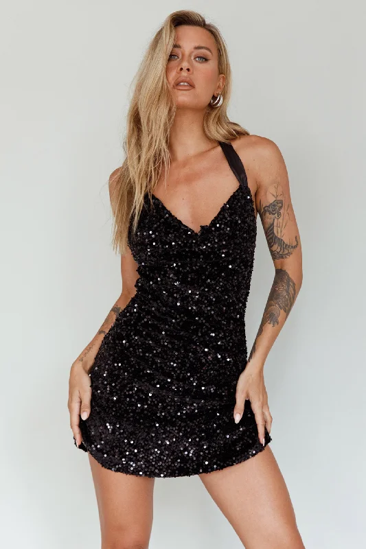 Star Lights Halterneck Mini Dress Sequin Black Trendy Off-Shoulder Dress Mini