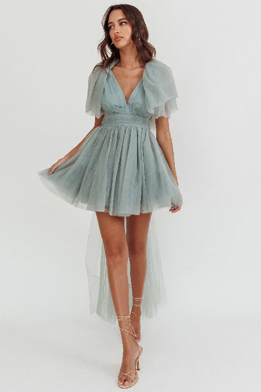 Star Power Tulle Train Mini Dress Pistachio Fashionable Off-Shoulder Mini Dress