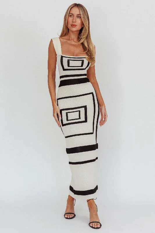 Stargazing Square Print Knit Maxi Dress Beige Cozy Maxi Dress with Slit