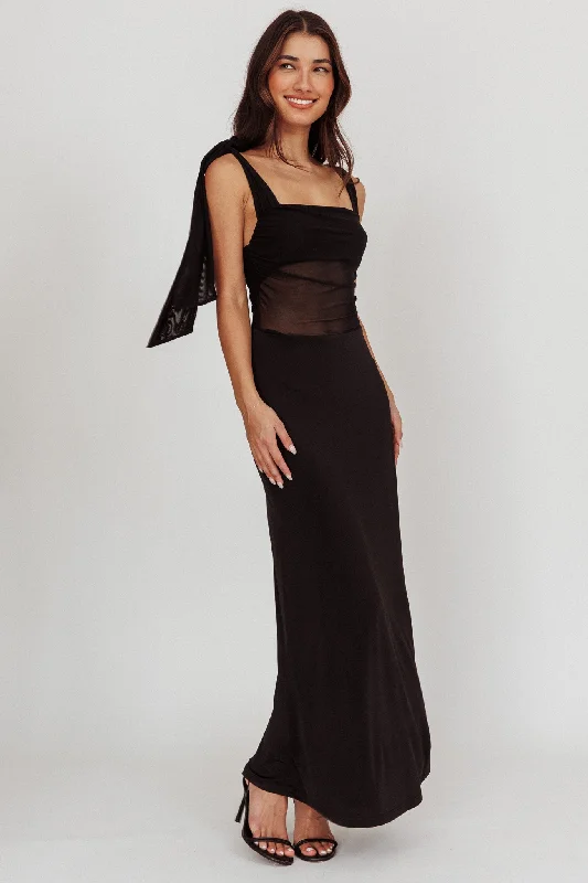 Starry Eyed Mesh Waist Maxi Dress Black Stylish Pleated A-Line Maxi Dress