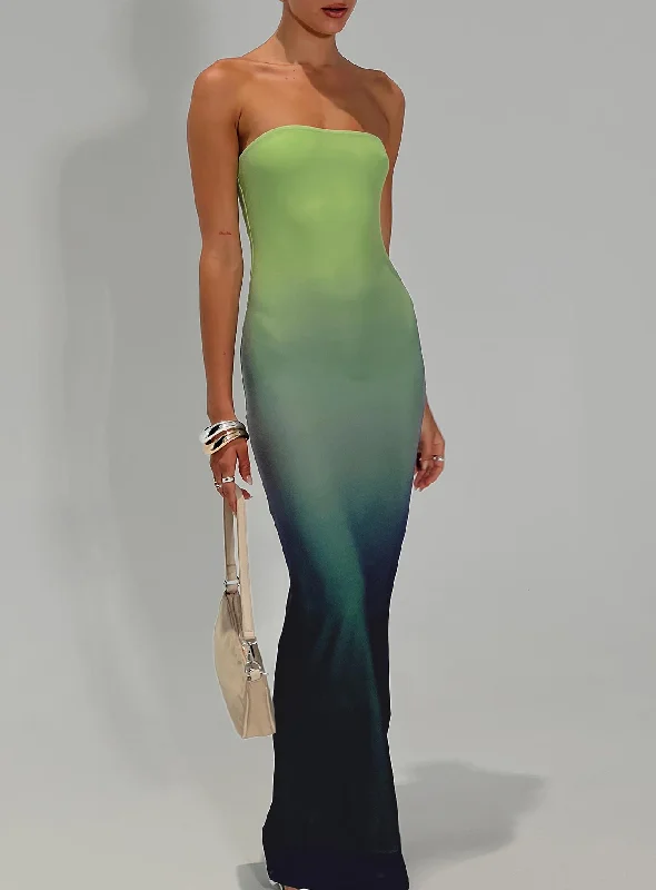 Stolen Love Strapless Maxi Dress Blue / Green Ombre Tall Fashionable Asymmetrical Maxi Dress