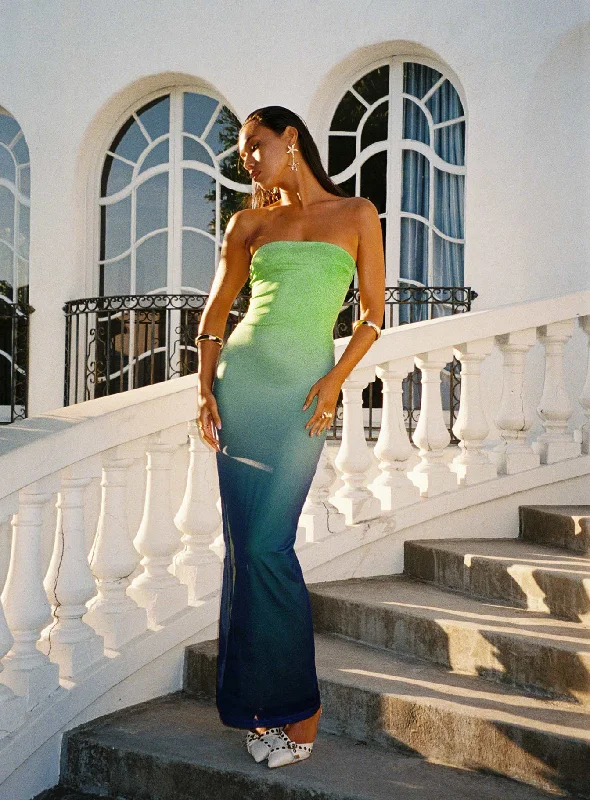 Stolen Love Strapless Maxi Dress Blue / Green Ombre Comfortable Fit-and-Flare Maxi Dress