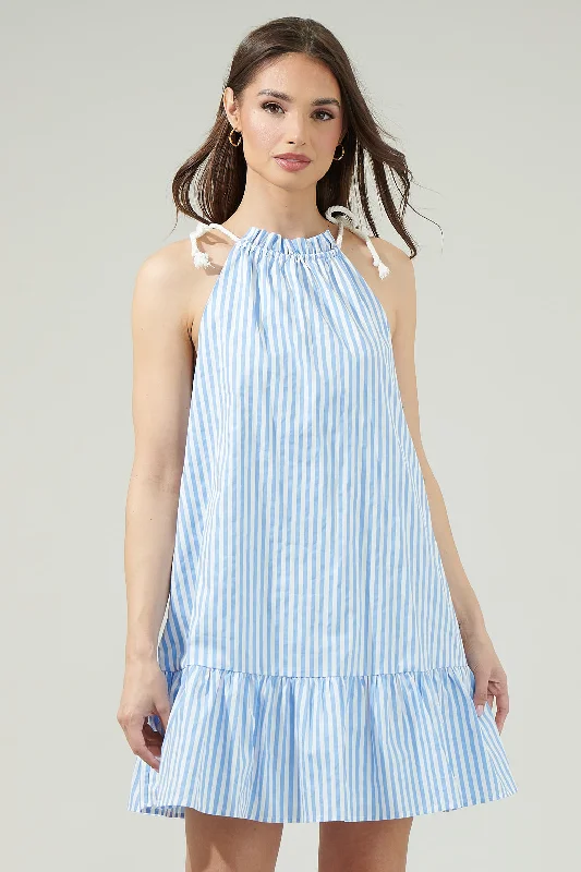 Striped Rumba Halter Mini Dress Chic Puff Sleeve Mini Dress