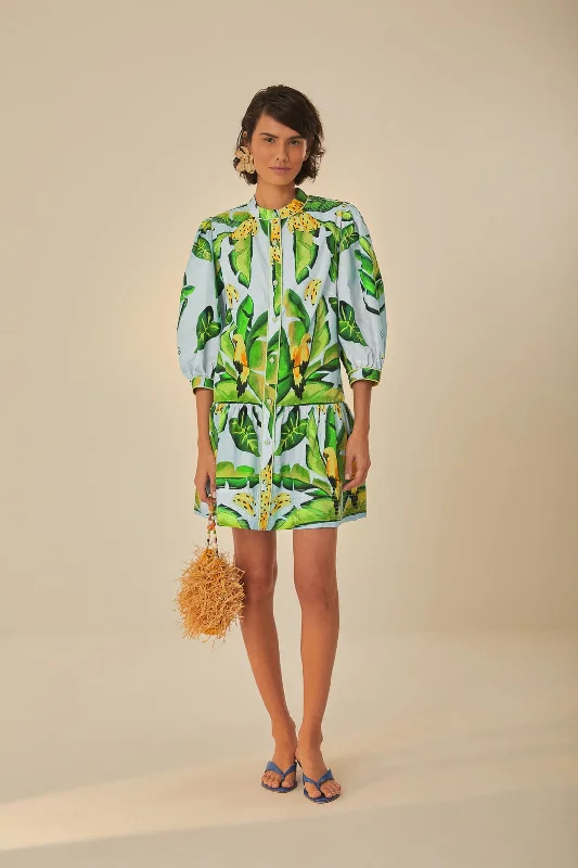 Blue Summer Foliage Scarf Organic Cotton Mini Dress Casual V-Neck Mini Dress