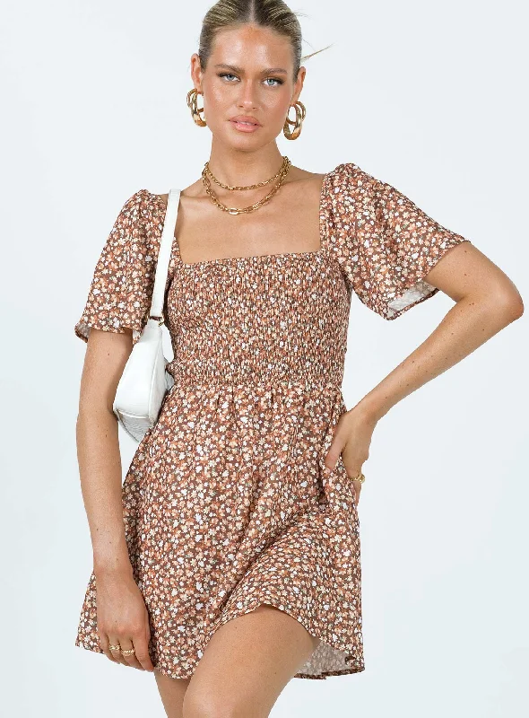 Summer Nights Mini Dress Brown Floral Fashionable Mini Dress with Frills