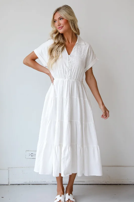FINAL SALE - Summer Standard Off White Tiered Midi Dress Trendy Mock Neck Midi Dress