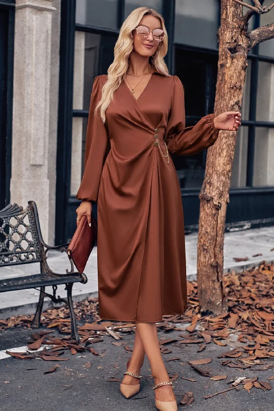 Surplice Neck Puff Sleeve Midi Dress Fashionable Wide Leg Midi Dress