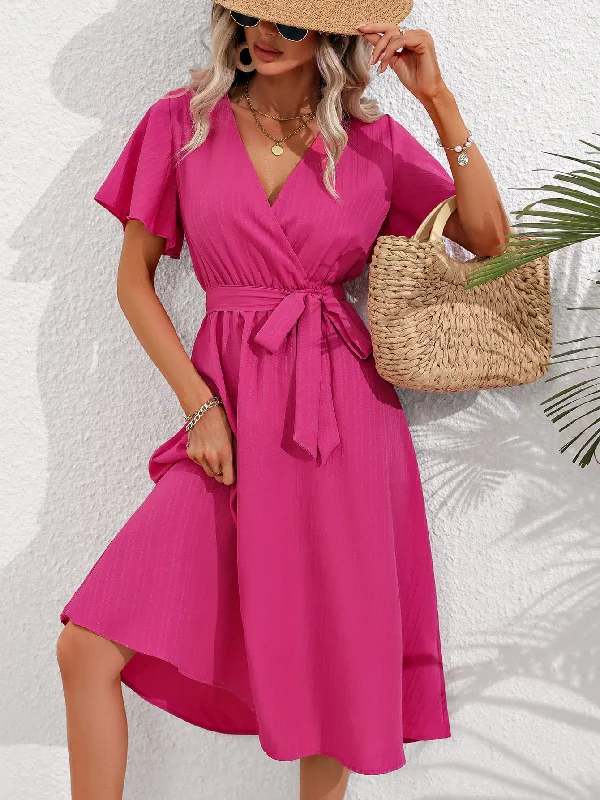 Surplice Neck Tie Belt Midi Dress Comfortable Lace-Up Midi Dress