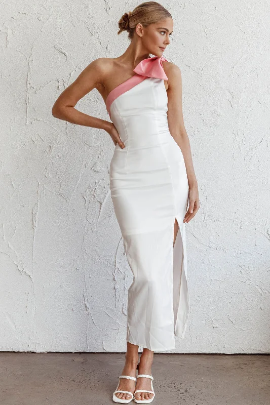 Sweetest Thing One-Shoulder Bow Maxi Dress White Cozy Maxi Dress with Slit