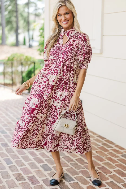 Take You There Sangria Red Abstract Midi Dress Fashionable Sheer Sleeve Midi Dress