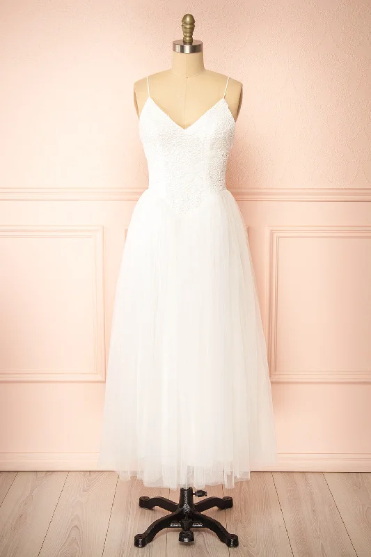 Tallina | White Tulle Midi Dress w/ Floral Embroidery Stylish Off-Shoulder Ruffle Dress
