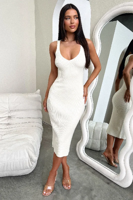 Tamarisa Midi Dress - Beige Trendy Ruffle Hem Midi Dress