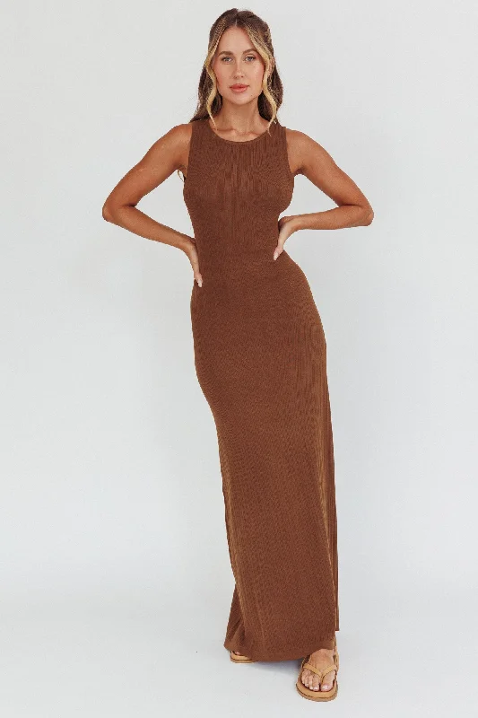 Tarli Low Back Maxi Dress Chocolate Cozy Ribbed Maxi Dress