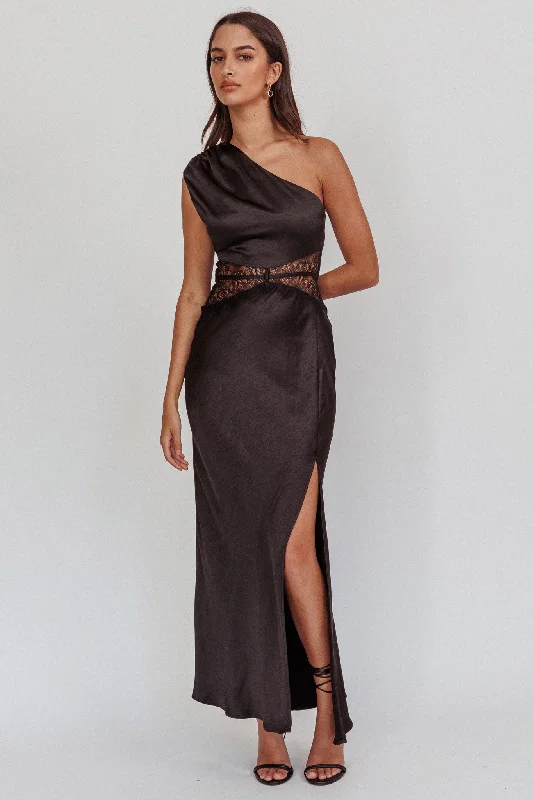 Tarly Lace Waist One-Shoulder Maxi Dress Black Trendy Short Sleeve Maxi Dress
