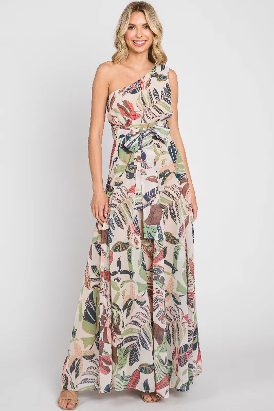 Taupe Leaf Print Chiffon One Shoulder A-Line Waist Tie Maxi Dress Fashionable Faux Wrap Maxi Dress