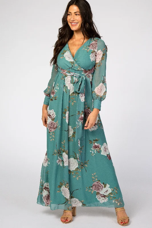 Teal Floral Chiffon Maternity Maxi Dress Trendy Fit-and-Flare Maxi Dress