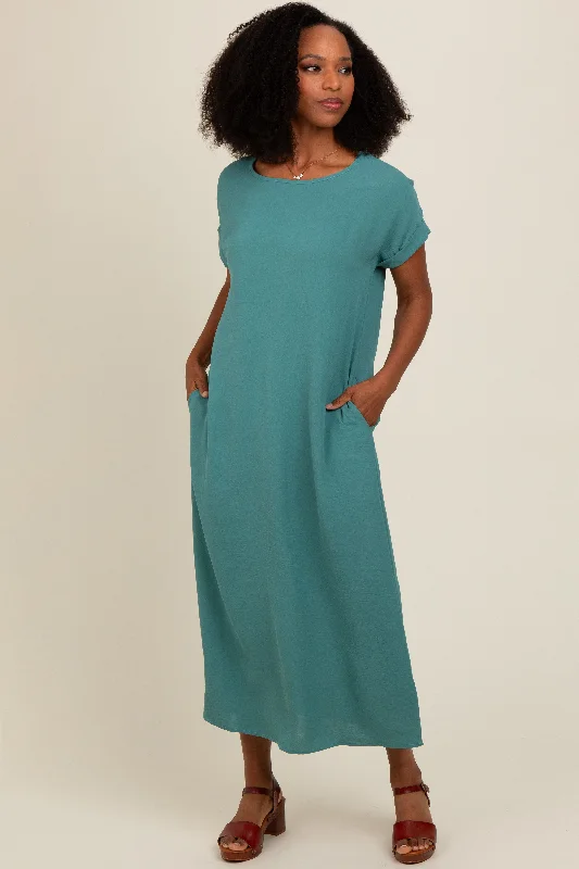 Teal Rolled Cuff Midi Dress Stylish Cold Shoulder Midi Dress