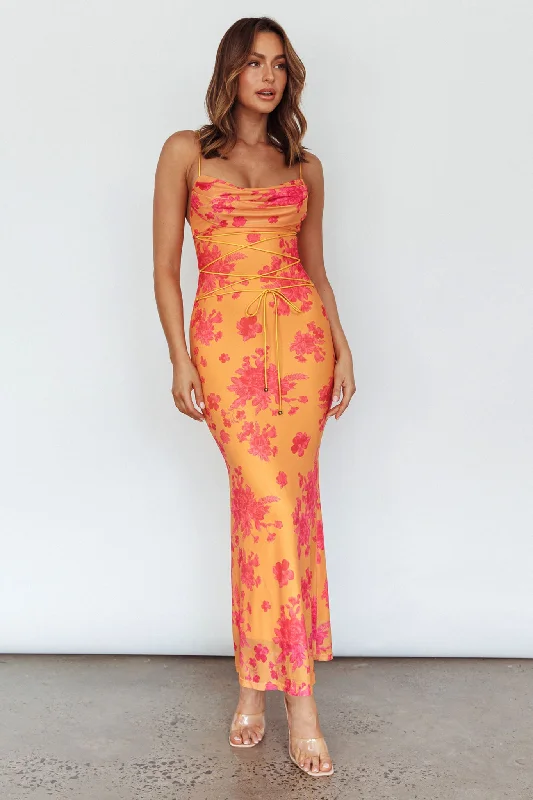 Teava Laced Waist Maxi Dress Floral Orange Stylish Maxi Dress with Pleats