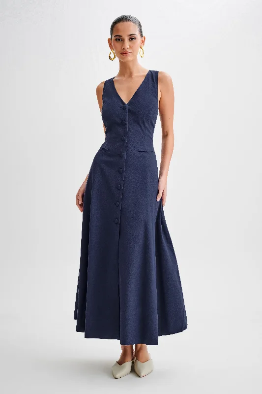 Theodora Cotton Buttoned Midi Dress - Navy Fashionable Skater Midi Dress