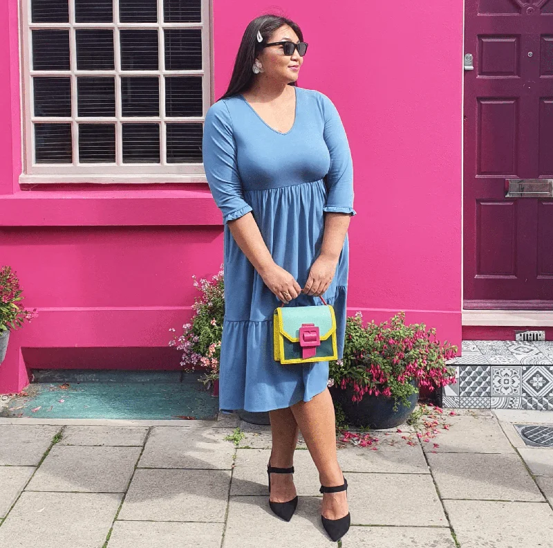 Tiered Midi Dress - Denim Fashionable Skater Midi Dress