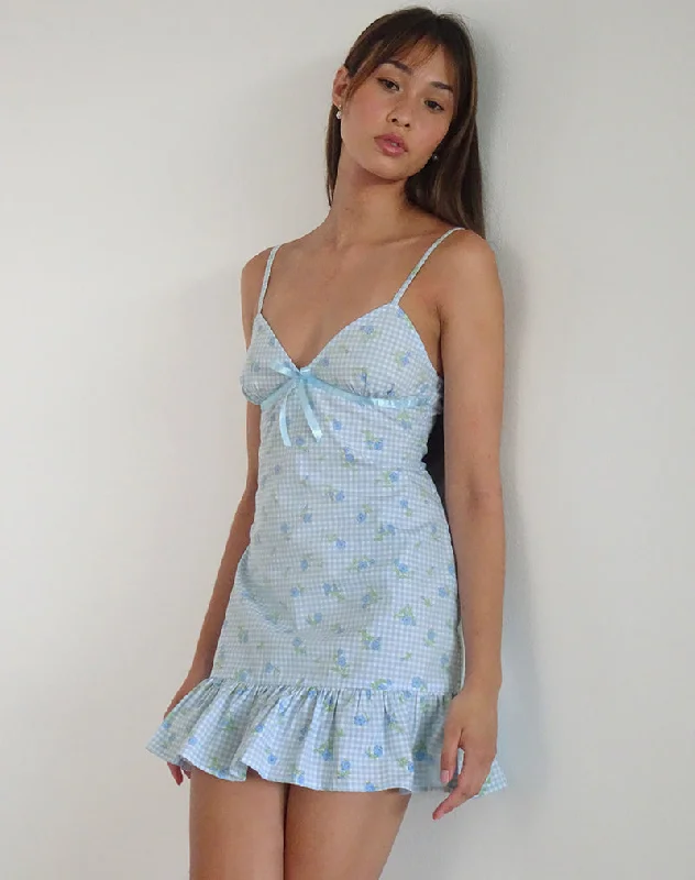 Tivata Mini Dress in Blue Flower Gingham Trendy Mesh Mini Dress