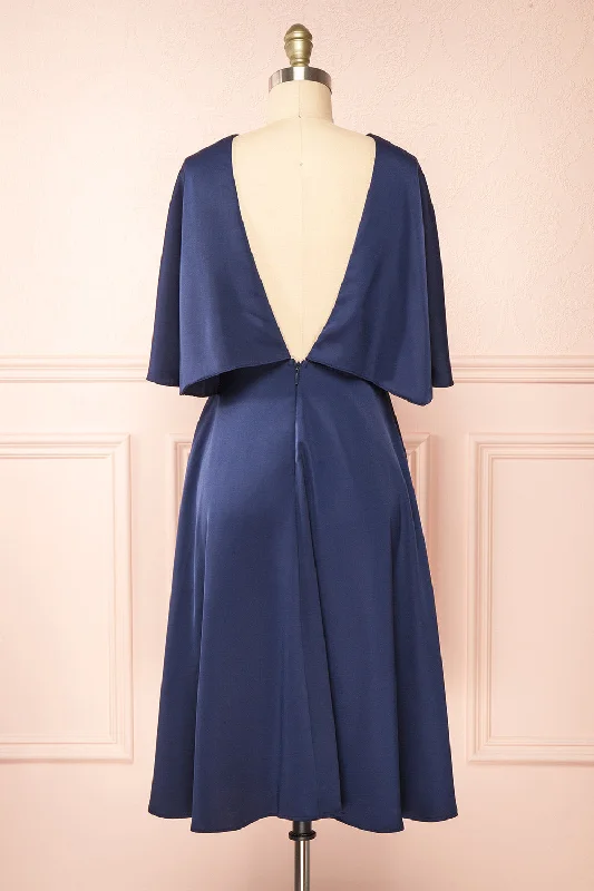 Tordis Navy | Satin Midi Dress w/ Bell Sleeves Comfortable Button Front Midi Dress