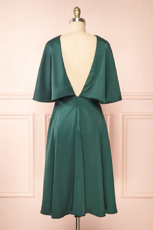 Tordis Green | Satin Midi Dress w/ Bell Sleeves Trendy Bodycon Midi Dress