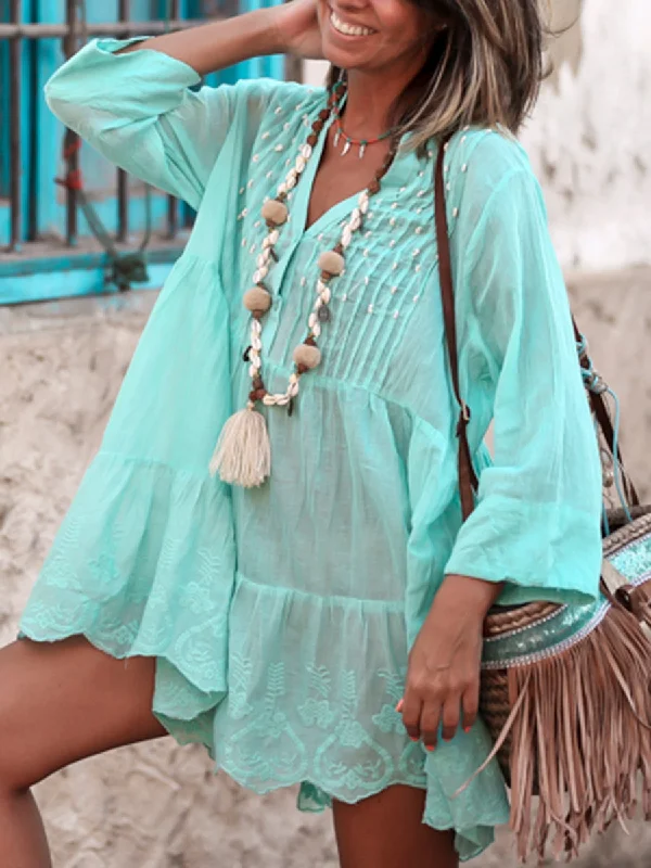 V-neck 4/3 Sleeve Loose Printed Boho Mini Dress Stylish Button-Down Mini Dress