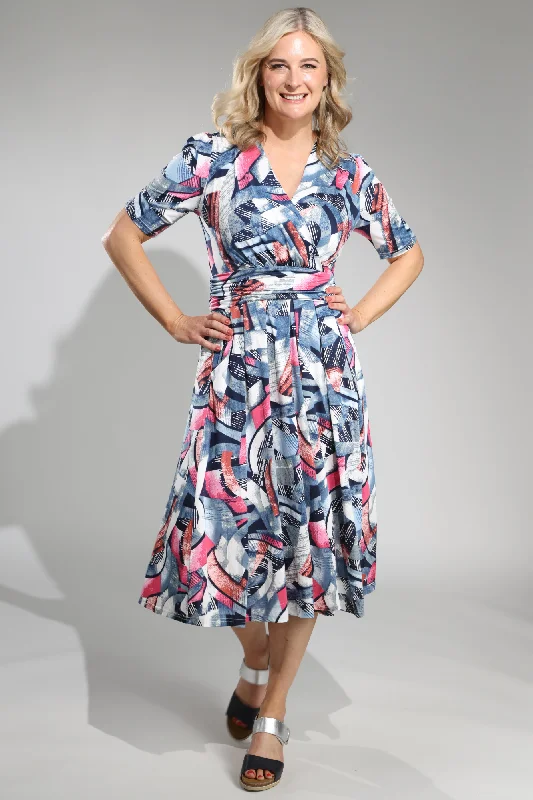 V neck Midi Dress with rouch waist | BLUE PINK ABSTRACT | 0022A1 Fashionable Skater Midi Dress