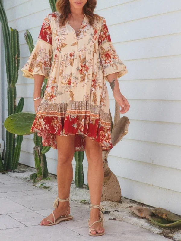 V Neck Three Quarter Sleeves Frilled Hem Mini Dress Cozy Knitted Mini Dress