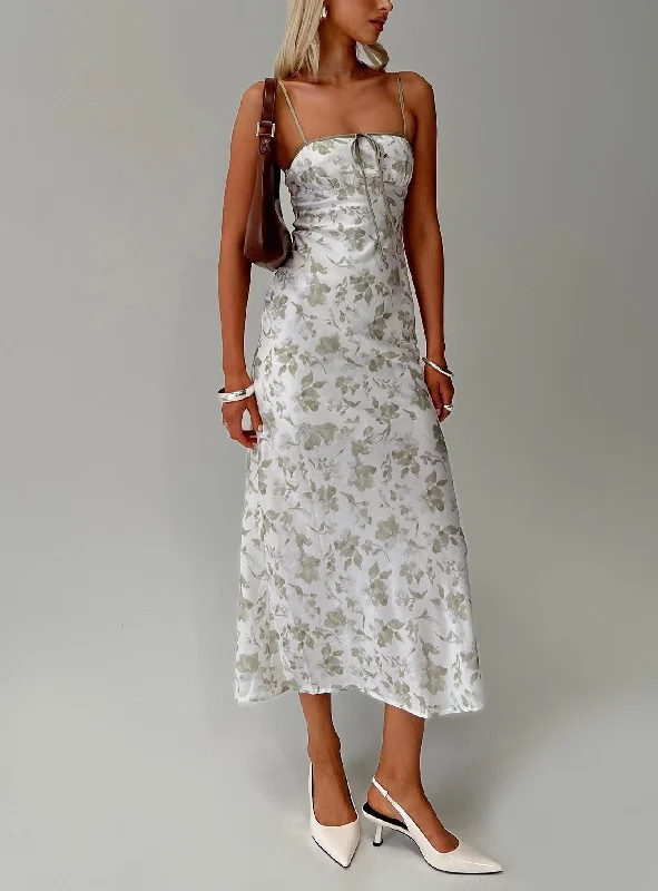 Vasiliki Maxi Dress White / Green Floral Fashionable Layered Maxi Dress