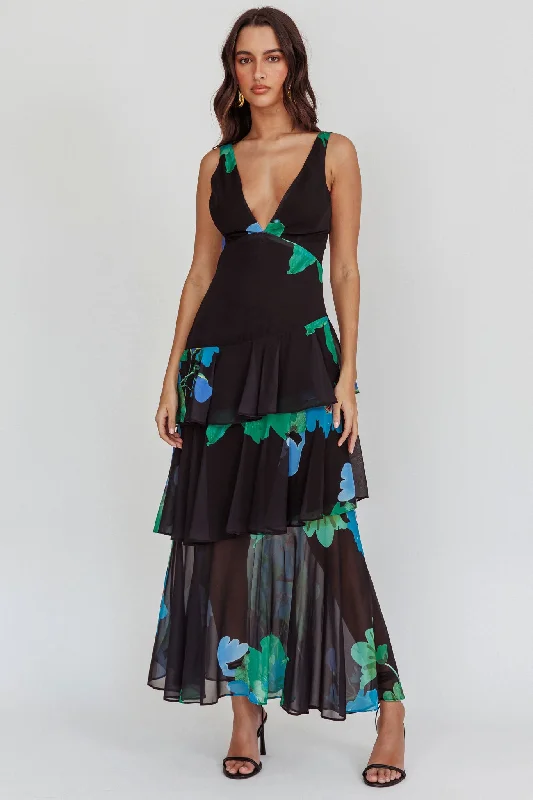 Veda Strappy Back Ruffle Maxi Dress Black Trendy Floral Print Maxi Dress